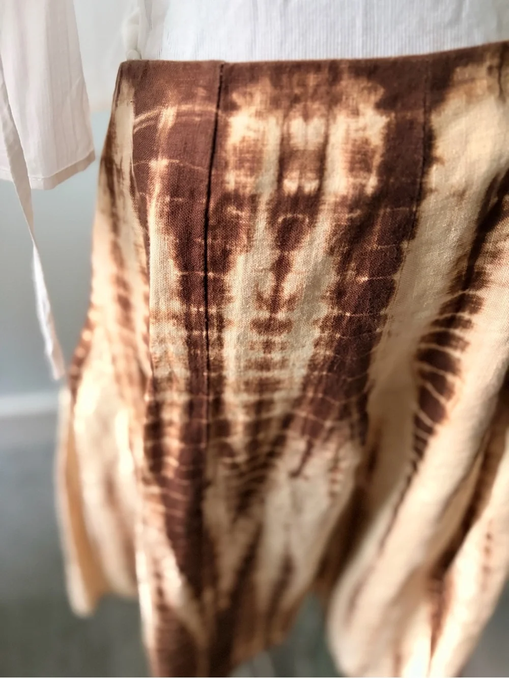 Michael Kors Linen Brown and Cream Tie-Dye A-Line Midi Skirt